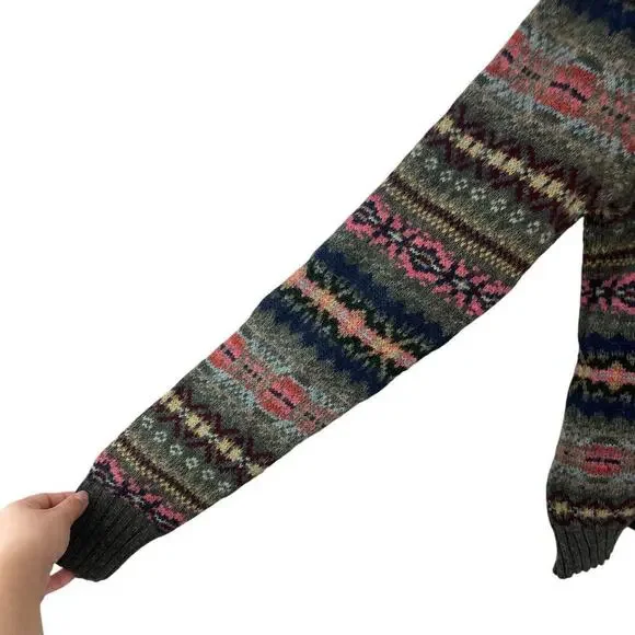 Polo Ralph Lauren Lambswool Alpaca Jacquard Fair Isle V Neck Sweater Green VTG L - Picture 6 of 9